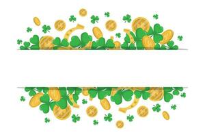 de achtergrond van st. Patrick dag met groen klavers, hoefijzers en goud munten. vector illustratie