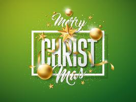 Vector Merry Christmas-illustratie met gouden glazen bal, knipsel Paper Star en typografie elementen op groene achtergrond. Vakantieontwerp voor premium wenskaart, feestuitnodiging of promo-banner.