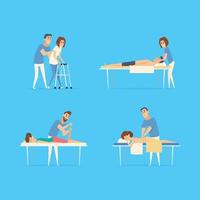 fysiotherapie mensen uitrekken sport oefeningen chiropractie corrigerende massage artsen patiënten therapie procedures medische revalidatie fysiotherapeut zorg patiënt illustratie vector