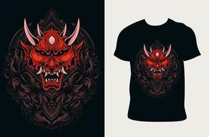 illustratie demon masker met vintage gravure ornament op t-shirt design vector