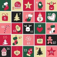 komst kalender voor 25 dagen met Kerstmis elementen. 25 cadeaus met getallen voor de komst kalender vector