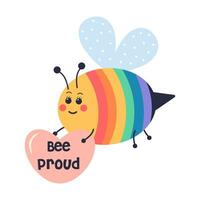 regenboog schattig bij met hart. bij trots tekst. schattig tekenfilm symbool van lgbt trots maand. vector illustratie geïsoleerd Aan wit achtergrond.