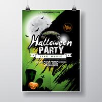 Vector Halloween Party Flyer Design met typografische elementen en pompoen op groene achtergrond.