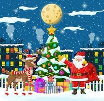 de kerstman claus, Spar boom met cadeaus en zijn rendier. Kerstmis winter stadsgezicht sneeuwvlokken. gelukkig nieuw jaar decoratie. vrolijk Kerstmis vakantie. nieuw jaar en Kerstmis viering. vlak vector illustratie