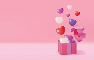 3d rood geschenk dozen met groot hart achtergrond. geven giftbox icoon. Valentijn dag, verjaardag kaart, Product Scherm presentatie advertentie. realistisch vector illustratie