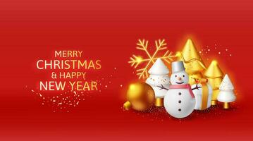 3d sneeuwman met geschenk dozen en goud Kerstmis boom. geven gelukkig nieuw jaar decoratie spandoek. vrolijk Kerstmis vakantie. nieuw jaar en Kerstmis viering. realistisch vector illustratie