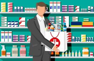 Mens Holding apotheek zak in voorkant van apotheek winkel. reeks van flessen, tabletten, pillen, capsules en sprays voor ziekte en pijn behandeling. medisch medicijn, vitamine, antibiotica. vlak vector illustratie