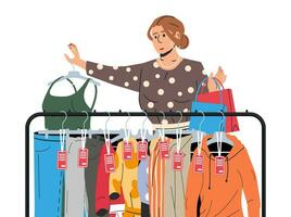 vrouw in de buurt rek met kleren. vrouwen kleren Aan hanger. huis of winkel garderobe. kleren en accessoires. divers hangende kleding. jasje, shirt, jeans, broek. tekenfilm vlak vector illustratie