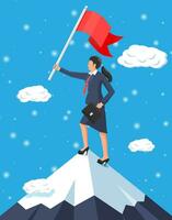 zakenvrouw staand Aan top van berg met vlag. symbool van zege, geslaagd missie, doel en prestatie. beproevingen en testen. winnen, bedrijf succes. vlak vector illustratie