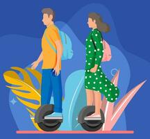 Mens Aan eenwieler wiel. vrouw met rugzak rijden elektrisch zelf balanceren scooter. mensen tekens toepassingen modern stedelijk vervoer. ecologisch, handig stad vervoer. vlak vector illustratie