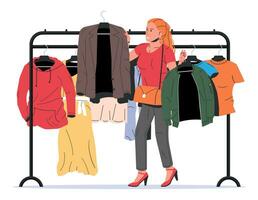 vrouw in de buurt rek met kleren. vrouwen kleren Aan hanger. huis of winkel garderobe. kleren en accessoires. divers hangende kleding. jasje, shirt, jeans, broek. tekenfilm vlak vector illustratie