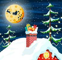 Kerstmis cadeaus doos met boog in schoorsteen. vakantie presenteert Aan dak. gelukkig nieuw jaar decoratie. vrolijk Kerstmis vakantie. nieuw jaar en Kerstmis viering. vlak vector illustratie