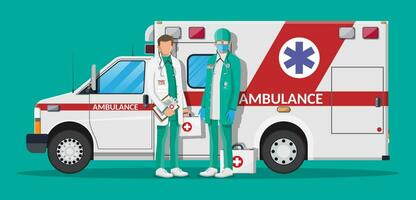 ambulance personeel concept. dokter in wit jas met stethoscoop en geval. ambulance auto, noodgeval voertuig. gezondheidszorg, ziekenhuis en medisch diagnostiek. urgentie Diensten. vlak vector illustratie