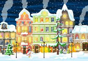 Kerstmis kaart met stedelijk landschap en sneeuwval. stadsgezicht met kleurrijk huizen met sneeuw in nacht. winter dorp, knus stad- stad panorama. nieuw jaar Kerstmis Kerstmis spandoek. vlak vector illustratie