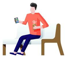 tekenfilm karakter zittend Aan bank en surfing internet in smartphone. Mens Aan stoel met mobiel telefoon in hand. geïsoleerd vlak vector illustratie