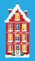 stad huis gedekt sneeuw. gebouw in vakantie ornament. Kerstmis boom spar, lauwerkrans. gelukkig nieuw jaar decoratie. vrolijk Kerstmis vakantie. nieuw jaar en Kerstmis viering. vlak vector illustratie