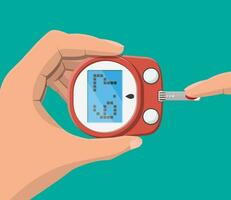 testen bloed glucose concept. glucosemeter, test stroken in hand. test uitrusting en geneesmiddel. gezondheidszorg, ziekenhuis en medisch diagnostiek. urgentie Diensten. vlak vector illustratie