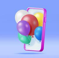 3d smartphone met bundel van ballonnen vliegend uit van scherm. geven telefoon met helium ballonnen. verjaardag of vakantie hartelijk groeten. online groots opening ceremonie concept. vector illustratie