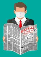 Mens in medisch masker leest krant- wereld nieuws over covid-19 coronavirus ncov. Pagina's met divers krantenkoppen, afbeeldingen, citaten, tekst en Lidwoord. media, journalistiek en druk op. vlak vector illustratie