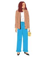 Dames in jasje en broek geïsoleerd. mode brunette meisje met tas. modieus dame in gewoontjes kleren. mooi vrouw karakter Aan wit. modieus levensstijl. tekenfilm vlak vector illustratie