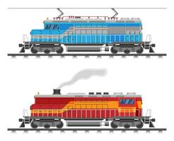 diesel of elektrisch locomotief geïsoleerd Aan wit. vracht trein met diesel of elektrisch motor. kant visie van krachtig locomotief lading trein. spoorweg vervoer. vlak vector illustratie