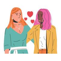 multi-etnisch lesbienne vrouw paar geïsoleerd. jong homoseksueel paar knuffelen Holding handen. twee lgbt vrouw mensen omhelzing en op zoek elk ander. lgbt trots, geslacht identiteit. vlak vector illustratie