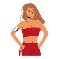 vrouw jogging en luisteren naar muziek. sport- schattig meisje geïsoleerd. vrouw karakter in sportkleding. buitenshuis activiteiten, sport en geschiktheid concept. tekenfilm vlak vector illustratie