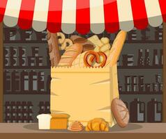 brood producten en markt kraam. geheel korrel, tarwe en rogge brood, geroosterd brood, krakeling, ciabatta, croissant, bagel, Frans stokbrood, kaneel broodje. vector illustratie in vlak stijl