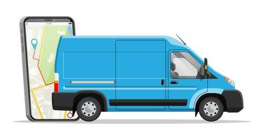 blauw levering busje en smartphone met navigatie app. uitdrukken leveren Diensten reclame vrachtwagen. concept van snel en vrij levering door auto. lading en logistiek. tekenfilm vlak vector illustratie