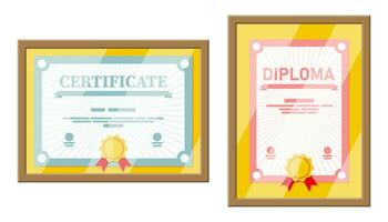 certificaat sjabloon in houten kader. diploma of accreditatie met geel postzegel en rood linten. tegoedbon of uitnodiging. diploma uitreiking concept. vector illustratie in vlak stijl