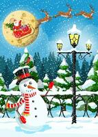 winter Kerstmis achtergrond. sneeuwman, de kerstman claus ritten rendier slee. winter landschap met Spar bomen Woud en sneeuwen. gelukkig nieuw jaar viering. nieuw jaar Kerstmis vakantie. vlak vector illustratie