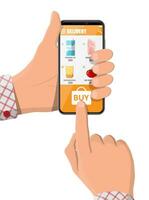 hand- Holding smartphone met boodschappen doen app. kruidenier op te slaan levering. internet bestellen. online supermarkt. voedsel en drankjes. melk, groenten, vlees, kaas. vector illustratie vlak stijl