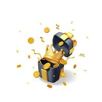 3d geschenk doos met gouden kroon en confetti geïsoleerd. geven goud confetti in de omgeving van kroon in geschenk doos. symbool voor vip, rijk, winnaar luxe premie succes. beoordeling of toestand. realistisch vector illustratie