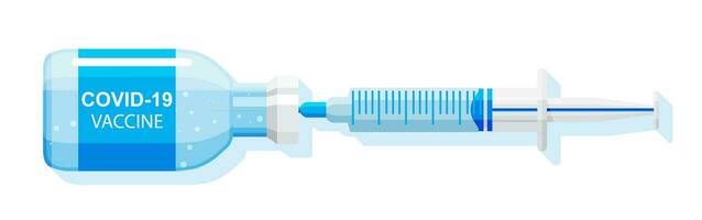 ampul en injectiespuit met geneesmiddel. coronavirus covid 19 vaccinatie concept. injectie injectiespuit naalden. medisch apparatuur. gezondheidszorg, ziekenhuis en medisch diagnostiek. vlak vector illustratie