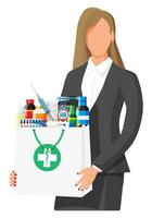 vrouw Holding apotheek tas. reeks van flessen, tabletten, pillen, capsules en sprays voor ziekte en pijn behandeling. medisch medicijn, vitamine, antibiotica. gezondheidszorg en apotheek. vlak vector illustratie