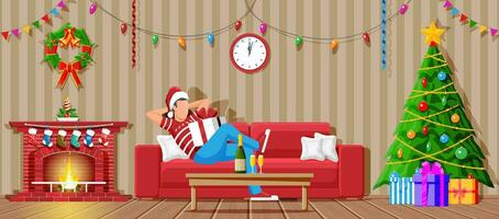 knus interieur van leven kamer met Mens Aan bank, tafel, haard, Kerstmis boom. gelukkig nieuw jaar decoratie. vrolijk Kerstmis vakantie. nieuw jaar en Kerstmis viering. tekenfilm vlak vector illustratie