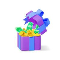 3d Open geschenk doos vol van goud munten en dollar bankbiljetten geïsoleerd. geven giftbox en contant geld geld. concept van loyaliteit programma, casino of online spellen bonus. geld prijs beloning. vector illustratie