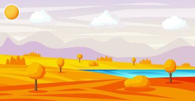 herfst landschap van bergen en groen heuvels. natuur landschap met rotsen, Woud, gras, zon, lucht, meer en wolken. nationaal park of natuur reserveren. vector illustratie in vlak stijl