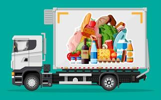 vrachtauto auto vol van voedsel producten. winkel en boerderij leveren onderhoud. levering en verkoop kruidenier producten concept. vlees, melk, brood, groenten. lading en logistiek. tekenfilm vlak vector illustratie