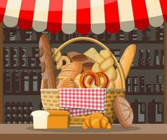 brood producten en markt kraam. geheel korrel, tarwe en rogge brood, geroosterd brood, krakeling, ciabatta, croissant, bagel, Frans stokbrood, kaneel broodje. vector illustratie in vlak stijl