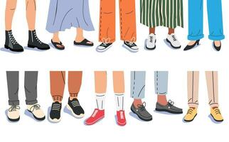 vrouw en Mens poten in elegant sportschoenen. reeks van divers vrouw en mannetje schoenen met voeten. laarzen, sportschoenen, boot, Bovenste zijde. meisje en jongen schoenen. verschillend vrouw schoenen. tekenfilm vlak vector illustratie