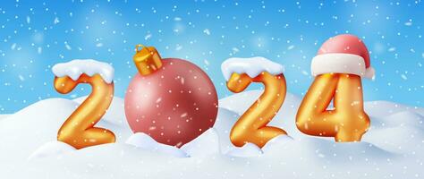 3d goud ballon 2024 nieuw jaar symbool in sneeuw landschap. geven gouden 2024 aantal vakantie partij decoratie. metalen ballon glimmend lettertype. nieuw jaar en Kerstmis viering. realistisch vector illustratie