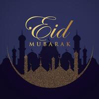 eid mubarak groet kaart met moskee silhouet en goud schitteren vector