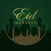 eid mubarak groet kaart met moskee en goud schitteren vector