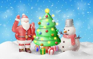 3d de kerstman claus karakter met geschenk zak in sneeuw. geven Kerstmis boom en de kerstman. gelukkig nieuw jaar decoratie. vrolijk Kerstmis vakantie. nieuw jaar en Kerstmis viering. realistisch vector illustratie