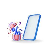 3d geopend geschenk doos met percentage symbool en smartphone. geven geschenk pakket met procent icoon en telefoon. uitverkoop, korting of opruiming concept. online of kleinhandel boodschappen doen symbool.. vector illustratie