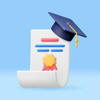 3d certificaat met postzegel en diploma uitreiking kap. geven wit diploma met insigne en onderwijs hoed. diploma of accreditatie. doel en prestatie. bedrijf diploma uitreiking concept. vector illustratie