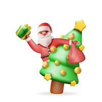 3d de kerstman claus met geschenk zak en Kerstmis boom. geven gelukkig nieuw jaar decoratie. vrolijk Kerstmis vakantie. nieuw jaar en Kerstmis viering. realistisch vector illustratie
