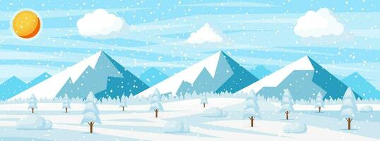 winter Kerstmis achtergrond. pijnboom boom hout en sneeuw. winter landschap met Spar bomen Woud, berg en sneeuwen. gelukkig nieuw jaar viering. nieuw jaar Kerstmis vakantie. vector illustratie vlak stijl