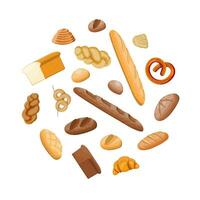 groot brood pictogrammen set. geheel korrel, tarwe en rogge brood, geroosterd brood, krakeling, ciabatta, croissant, bagel, Frans stokbrood, kaneel broodje. vector illustratie in vlak stijl